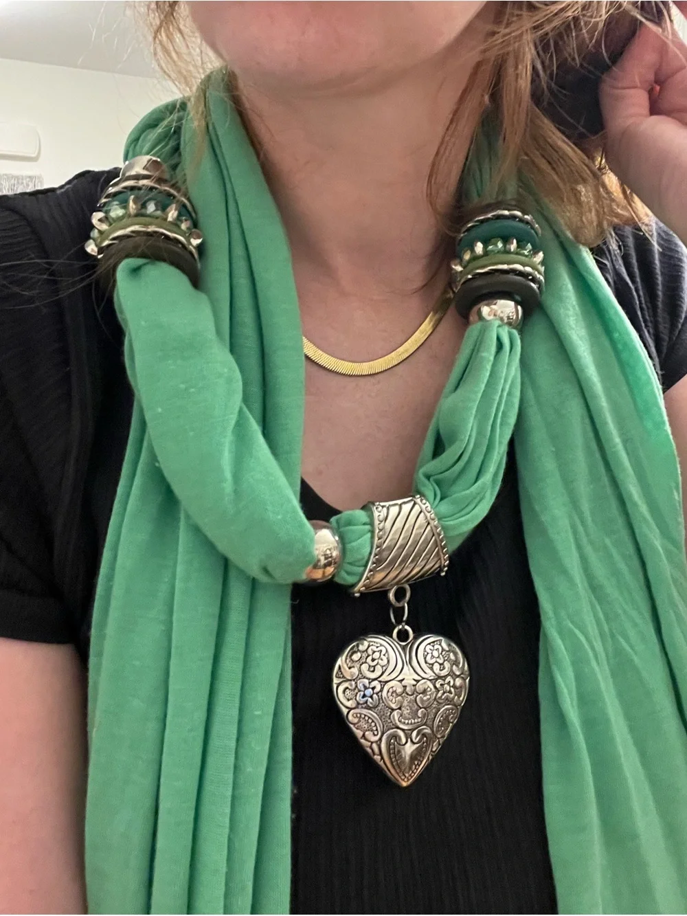 Green Scarf Necklace with Silver Heart Pendant